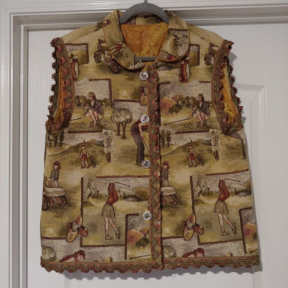 Vtg Woven Tapestry Golf Button Vest Handmade Heritage Folksy Cottage Old Money